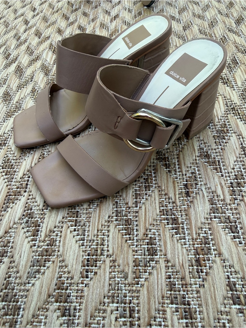 Dolce Vita Taupe Brown Buckle Block Heel Mules